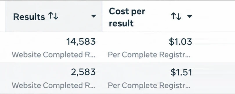 Meta Ads Manager: 17,166 completed registrations for $18,921 across two campaigns